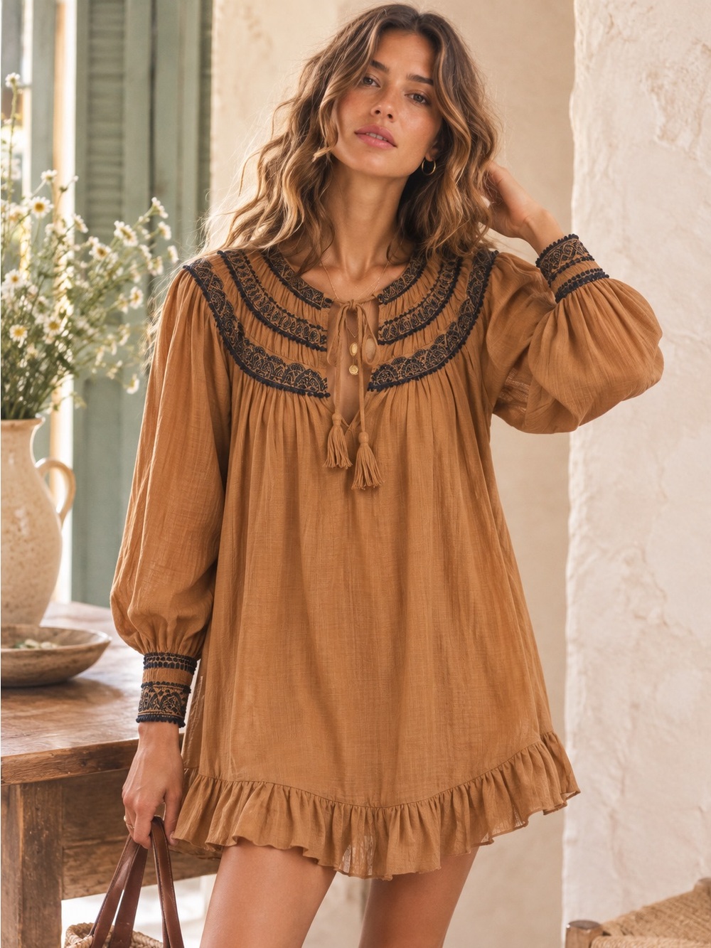 Free People Erin Tan and Black Embroidered‎ Long Sleeve Dress Boho